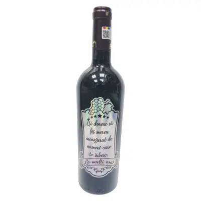 Iti doresc sa fii mereu..., la multi ani, vin rosu cabernet sauvignon personalizat cu mesaj, demisec, 750ml, 13.5% alcool